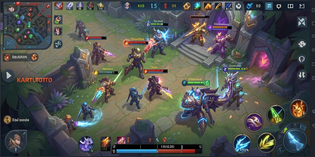 Screenshot utama KARTUTOTO menampilkan pertarungan seru antar karakter MOBA.