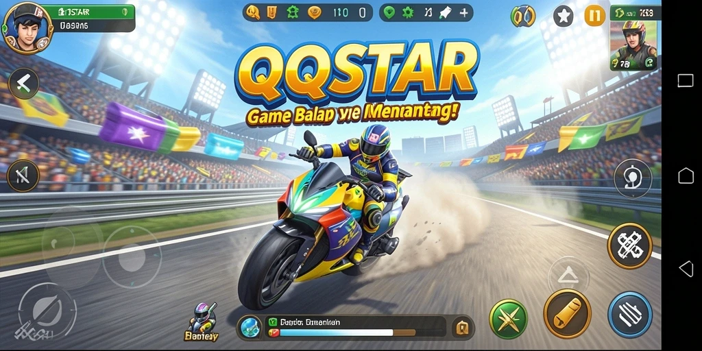 Tampilan gameplay QQSTAR dengan balapan mendebarkan di lintasan yang menantang.